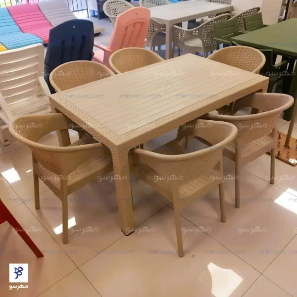میز و صندلی پلاستیکی 6 نفره طرح حصیری 992 کافه رستورانی