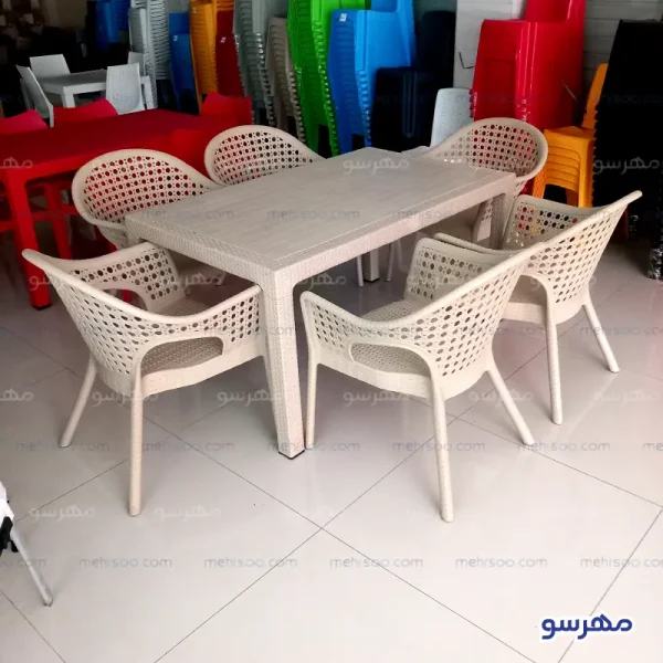 میزصندلی 6 نفره حصیری مدل باغی 999 ناصرپلاستیک طرح خاتم