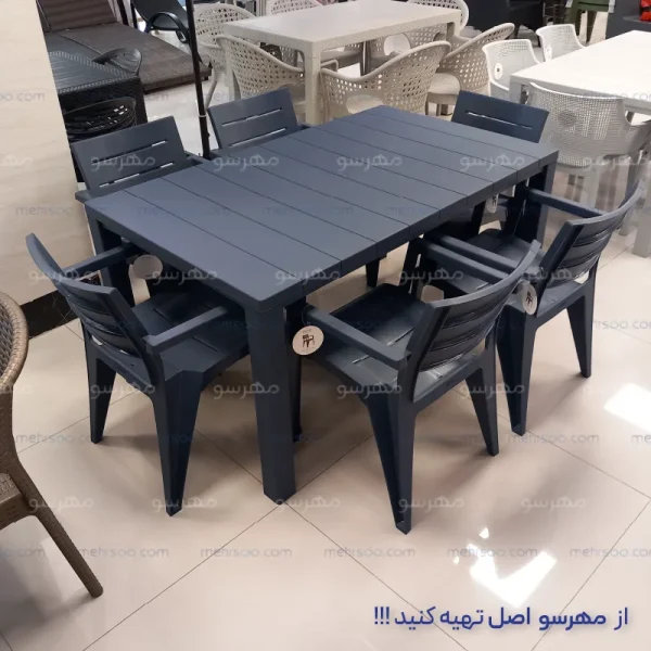 میز صندلی پلاستیکی پلیمری 6 نفره غذاخوری کارخانه پولاد