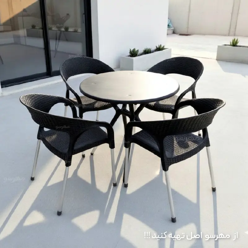 Round table with 4 plastic wicker dining chairs ست میز گرد پلیمری و صندلی های پلاستیکی حصیربافت