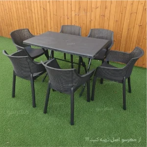 میز و صندلی باغ و رستوان 6 نفره با میز تاشو طرح چوب