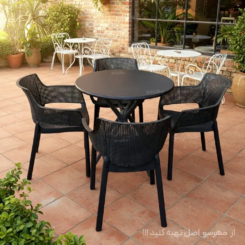modern out door polymer furniture ست میز صندلی 4نفره تالینا با میز گرد