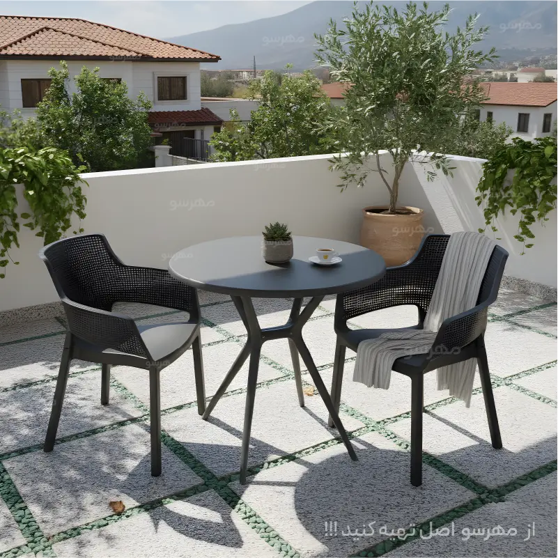talina 2 person plastic round table and chairs میز و صندلی پلیمری 2 نفره تالینا (دونفره تیارا پولاد)