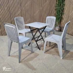 چیدمان چهار نفره با میز پلیمری مربع تاشو و صندلی پلاستیکی